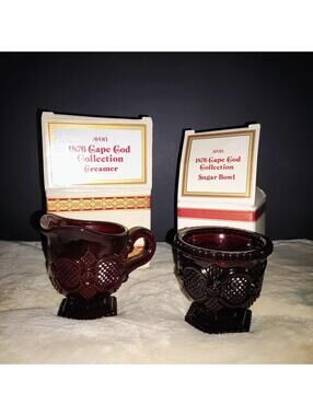 Vintage Avon Ruby Red Cape Cod Glass Creamer And Sugar Bowl Set with Box